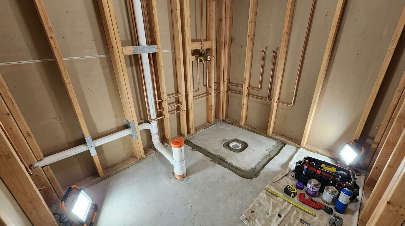 Bathroom rough-in plumbing during remodel by Johns Plumbing LLC in Cedar Lake