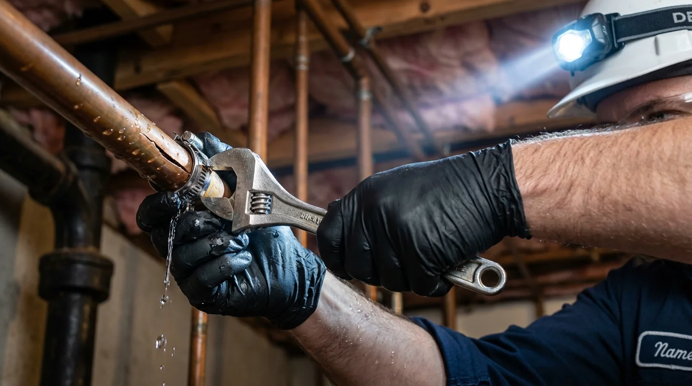 Emergency pipe clamp repair being performed by a Johns Plumbing LLC plumber in Cedar Lake