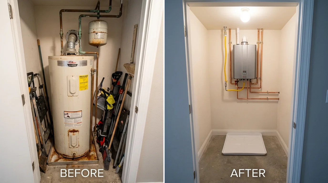 Tank water heater versus wall-mounted tankless unit comparison for Cedar Lake, IN homeowners