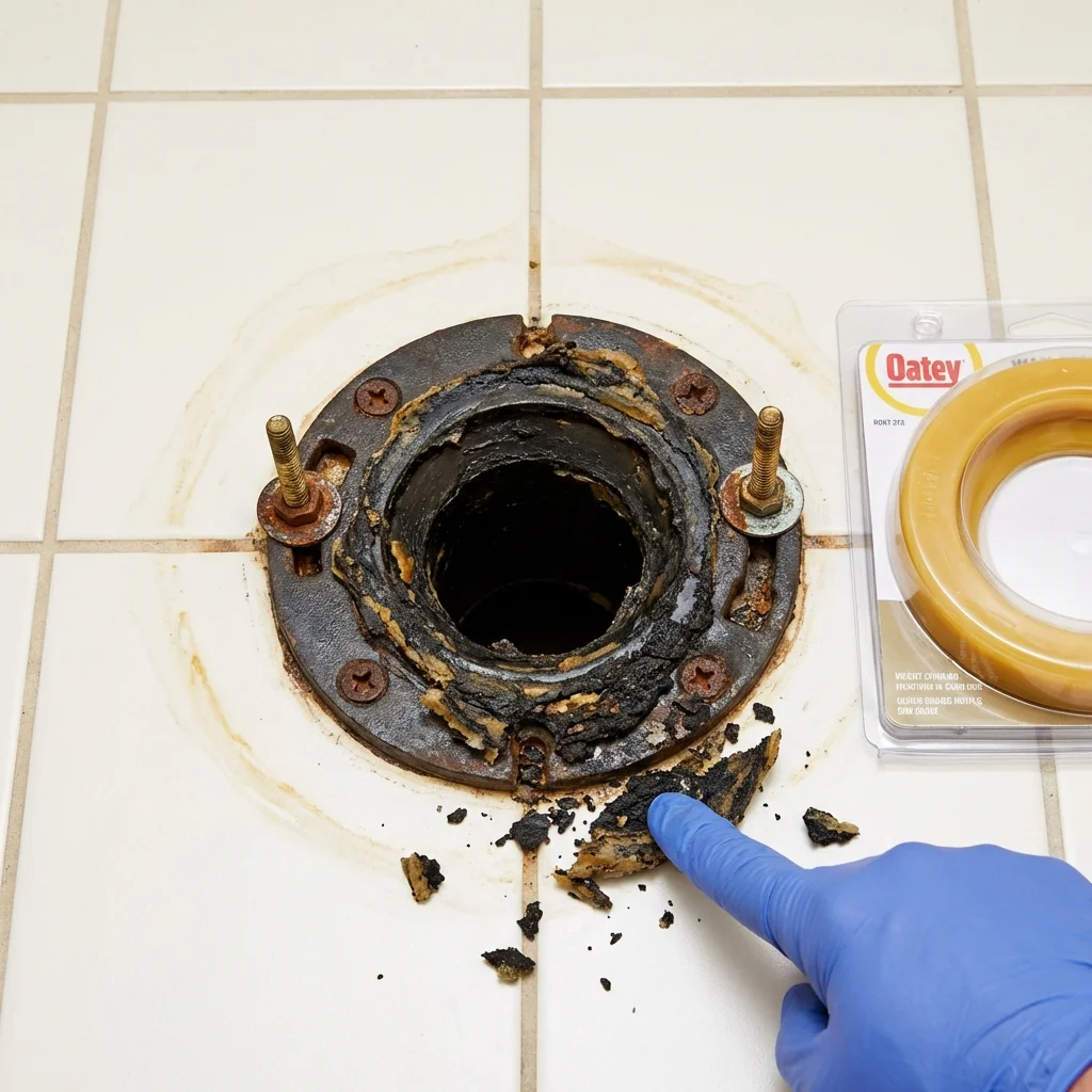 Failed wax ring showing water seepage at the base of a toilet in a Cedar Lake, IN home