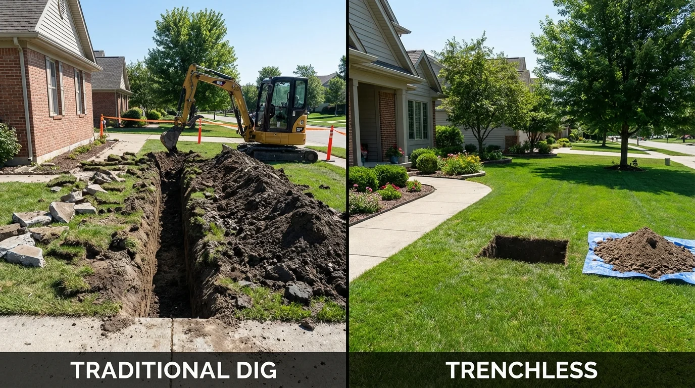 Trenchless sewer repair with minimal yard damage versus traditional excavation in Cedar Lake, IN